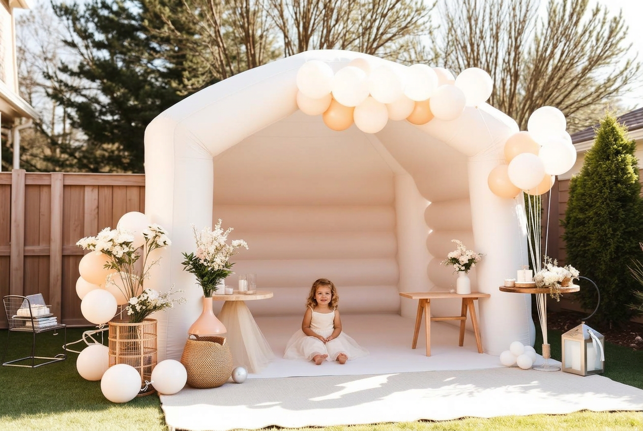 A cream and white backyard birthday party with a bounce house and balloon garland